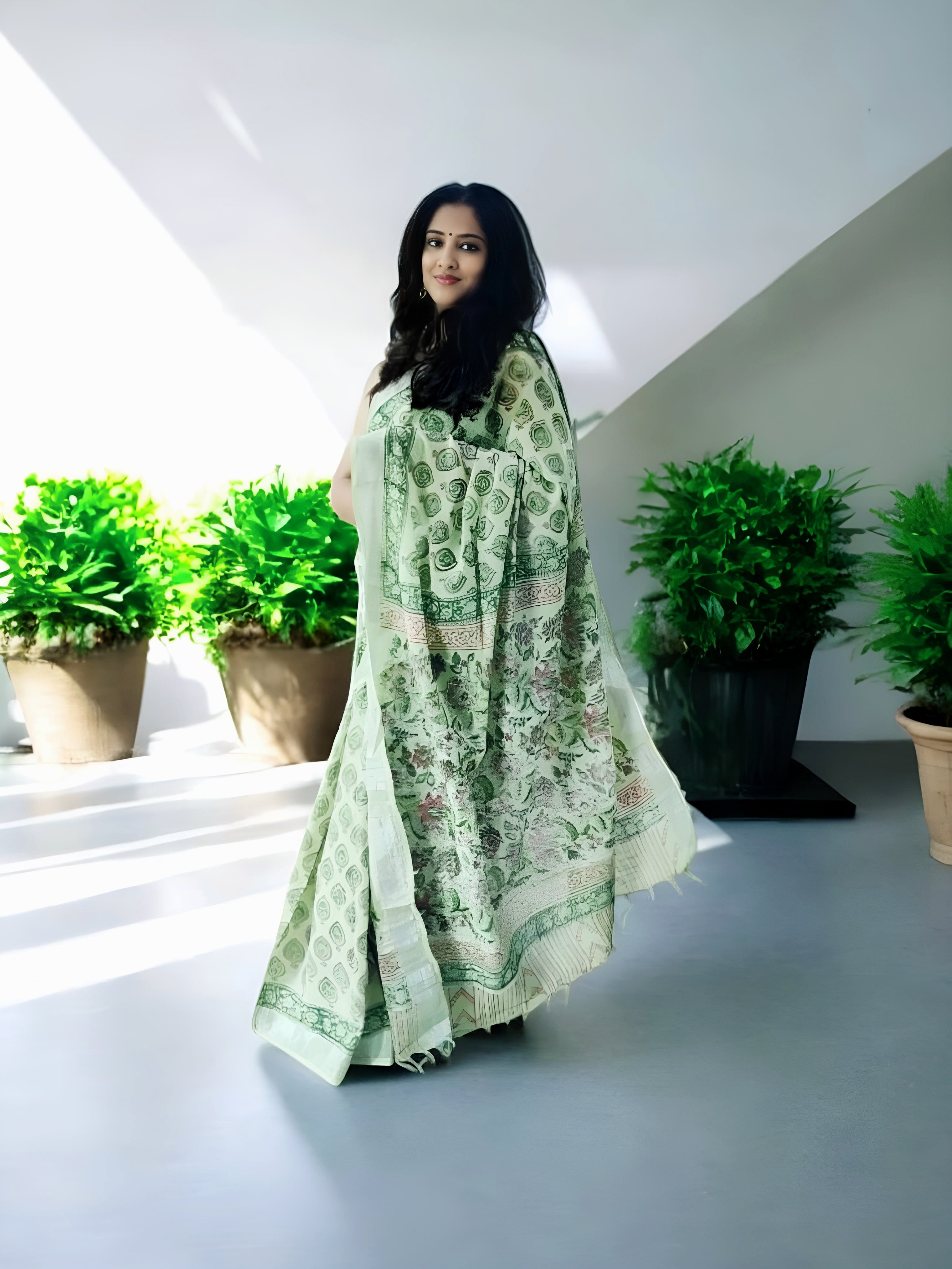 Green Linen Hand Block Print Saree