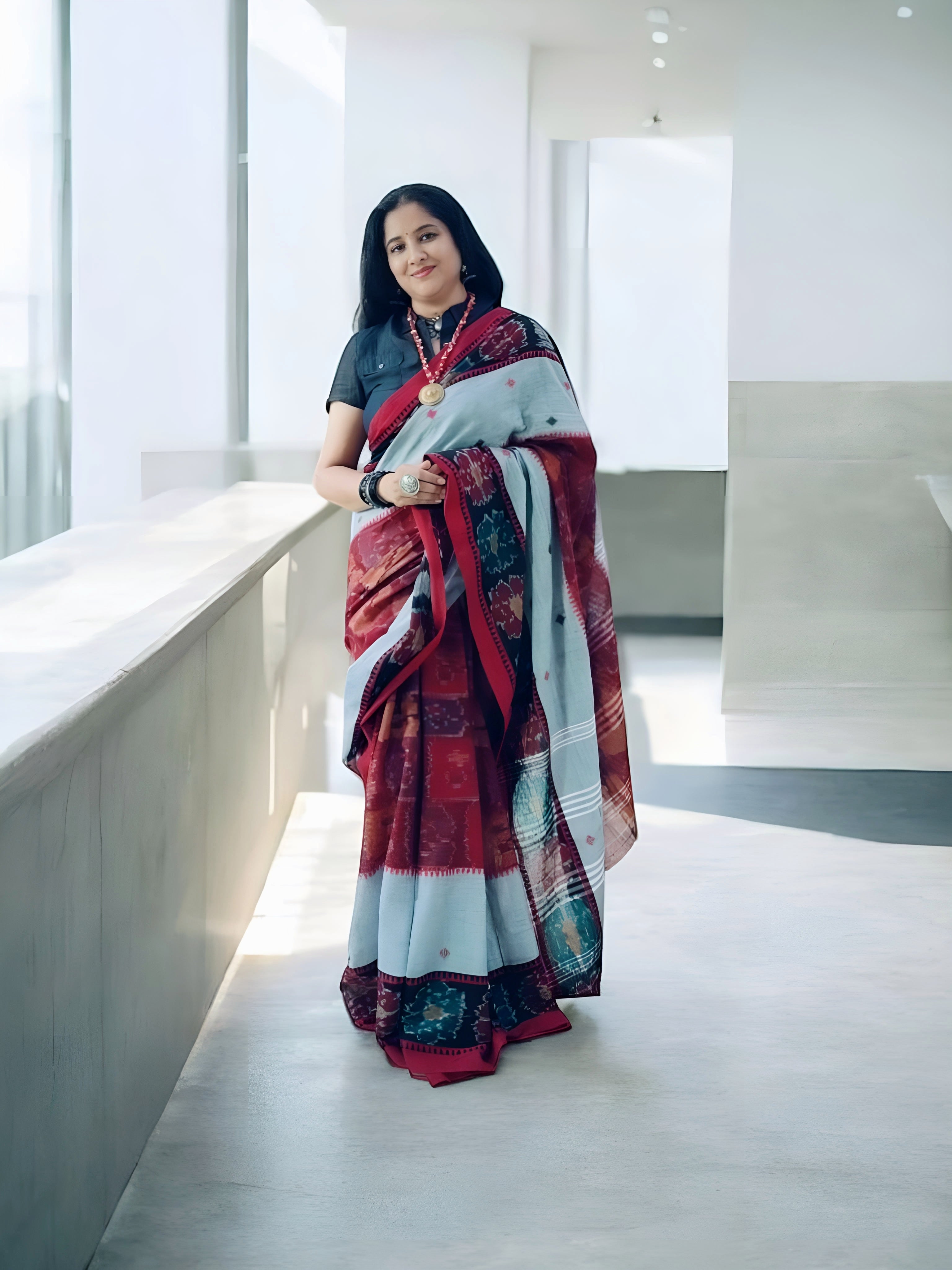 Black Linen Hand Block Print Saree