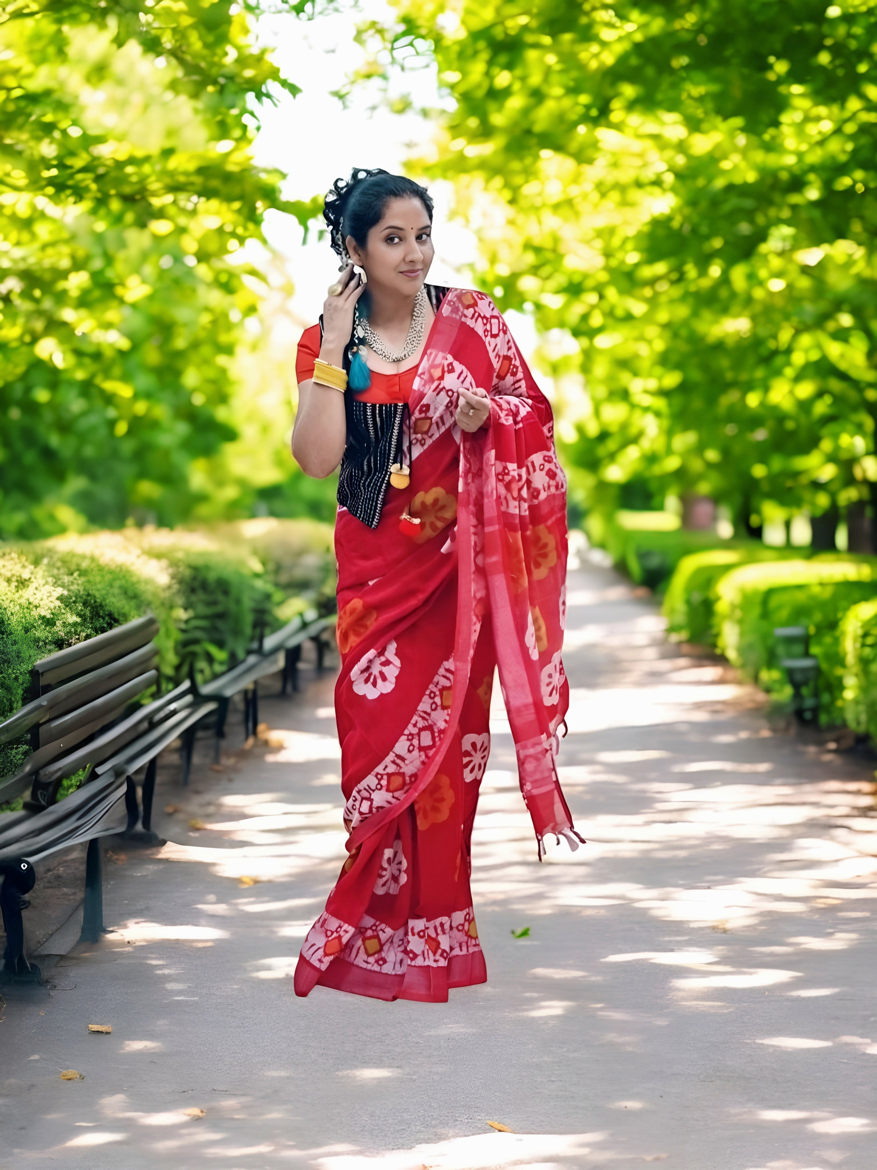Red Linen Hand Block Print Saree