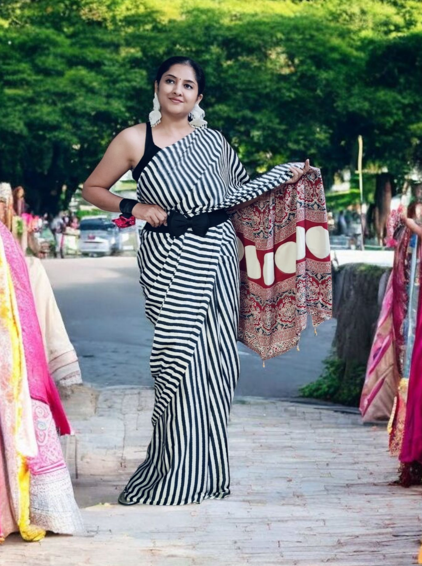 Indira Dual Print Cotton Fabric – Indigo Stripes & Floral Fusion