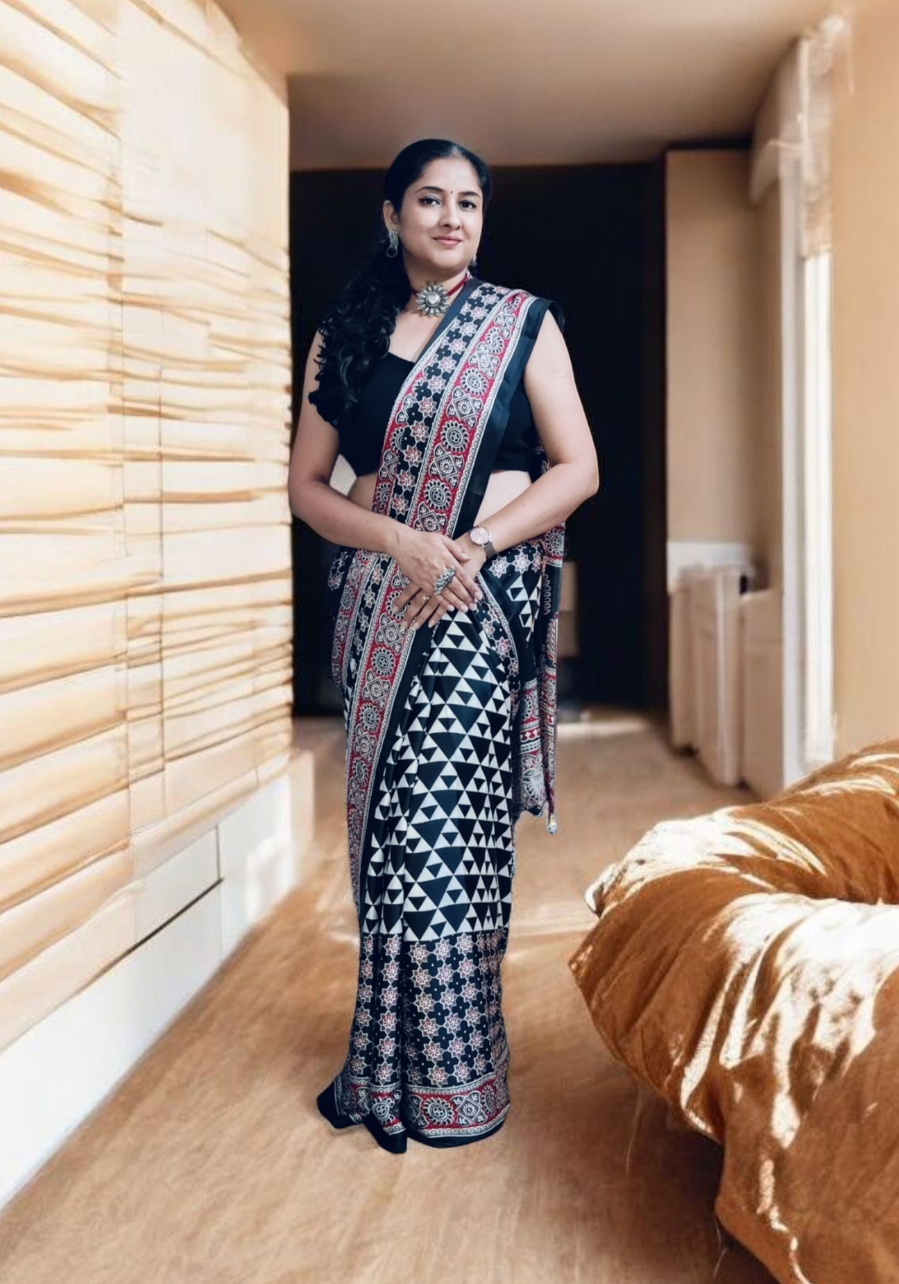 Aarohi Handcrafted Black & White Geometric Saree with Ajrakh Pallu